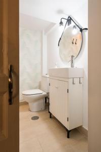 La salle de bains est pourvue de toilettes, d'un lavabo et d'un miroir. dans l'établissement A 5 minutos de la Catedral, la Giralda y la Maestranza, Sevilla centro, à Séville