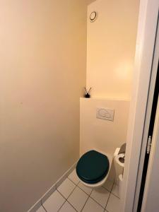 La salle de bains est pourvue de toilettes avec un siège vert. dans l'établissement Agréable appartement près du lac, à Versoix