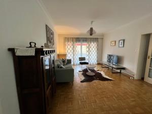 a living room with a couch and a tv at Agréable appartement près du lac in Versoix