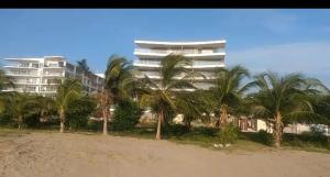 una playa con palmeras frente a un edificio en Apto morroszoe 217A, en Cartagena de Indias