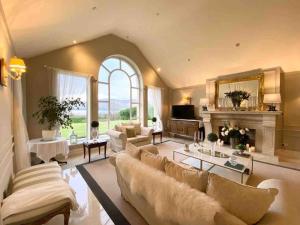 uma sala de estar com um sofá e uma lareira em Lakeview Lodge Exclusive Home on the Blessington Lake em Wicklow