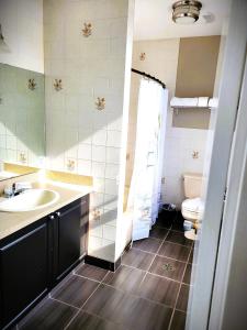 a bathroom with a sink and a toilet at Royal Duke Hotel in Okotoks