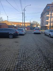 un groupe de voitures garées sur un parking dans l'établissement Apartments Domovik Миру 11с /11, à Moukatcheve