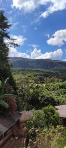 uma vista para um vale com um banco e árvores em Casa Vista para Serra em Tiradentes