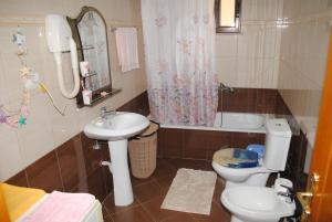a bathroom with a sink and a toilet and a tub at George's Apartment in Gjirokastër