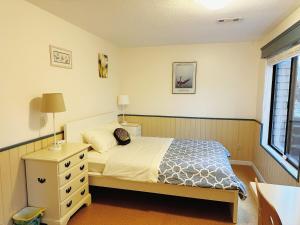 1 dormitorio con 1 cama, vestidor y ventana en City Oasis, en Issaquah