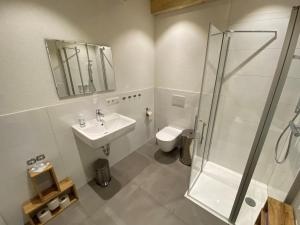 a bathroom with a sink and a shower and a toilet at Ferienbauernhof-Holops in Sankt Georgen im Schwarzwald