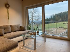 - un salon avec un canapé et une table en verre dans l'établissement Ferienbauernhof-Holops, à Sankt Georgen im Schwarzwald