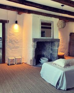 a bedroom with a fireplace and a bed in a room at Chateau de Cours in Sénezergues