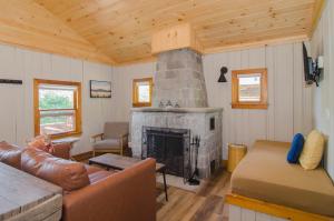 Mountain Lake Cottages في Westmore: غرفة معيشة مع موقد وأريكة