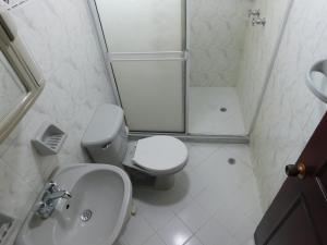ein Bad mit einem WC, einem Waschbecken und einer Dusche in der Unterkunft Excalibur By DANP in Santa Marta