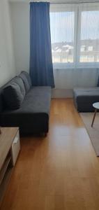 a living room with a couch and two large windows at Studio Apartman Maša Kupres in Kupres +4 photos