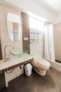 La salle de bains est pourvue de toilettes, d'un lavabo et d'un miroir. dans l'établissement Hotel San Francisco de Paula Ayacucho, à Ayacucho