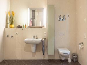 a bathroom with a sink and a toilet at 3 Raum FeWo Karl May, gehobene Ausstattung, Radebeul-Ost, 76qm in Radebeul