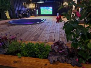 une terrasse en bois avec un frisbee en arrière-plan dans l'établissement Exclusive villa Stockholm, à Stockholm