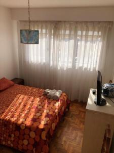 um quarto com uma cama e uma secretária com uma televisão em Hermoso Depto frente al mar Brown 782 em Mar del Plata