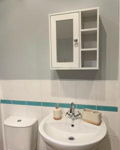 a bathroom with a sink and a toilet and a cabinet at Cardiff Home in Cardiff