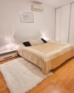 1 dormitorio con 1 cama grande y 1 alfombra en Modern & cozy flat near football & hockey arena en Trnávka