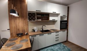 a kitchen with white cabinets and a wooden table at Apartman Danica in Pale