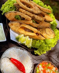 einen Teller mit Reis, Fleisch und Gemüse in der Unterkunft Hotel Fazenda Pousada da Serra in Goianésia + 15 Fotos