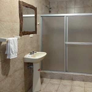 a bathroom with a shower and a sink and a mirror at Quinta San Martín in Cuenca