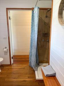 a bathroom with a shower with a shower curtain at Pt Hesse Luxury Coastal Homestead in Port Campbell
