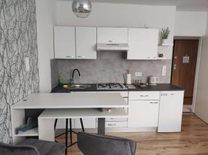 a kitchen with white cabinets and a white counter top at Apartments with a parking space Karlovac - 20779 in Karlovac