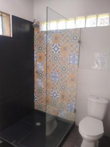 a bathroom with a toilet and a glass shower at Bosque Azul Picaflor in Minca