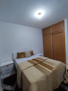皮拉雅的住宿－KP - Negócios Globais，一间卧室配有一张大床和一个木制橱柜