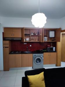 皮拉雅的住宿－KP - Negócios Globais，厨房配有木制橱柜和洗衣机。