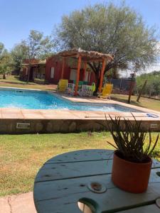 a pool with a table next to a house at Cabaña Chañares de Banda Florida - Sveña in Villa Unión