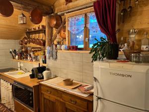 a kitchen with a refrigerator and a window at Ferme savoyarde rénovée 2 chambres in Les Carroz d'Araches