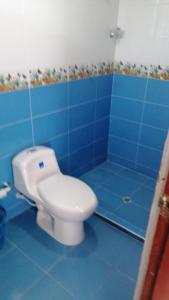 a bathroom with a toilet in a blue tiled room at Villa Myrian in Villanueva