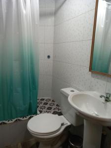 y baño con aseo, lavabo y ducha. en Umantü Hostel, en Panguipulli