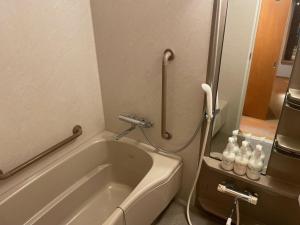 a bathroom with a bath tub and a sink at Hotel Shinanoji in Nagano