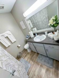 a bathroom with a sink and a mirror at WOO LOFT- King Bed- Downtown BHM in Birmingham