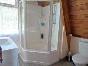 ein Bad mit einer Dusche und einem WC in der Unterkunft the Wooden A-frame in Hamilton in Hamilton