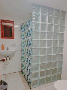 baño con pared de cristal junto a un lavabo en Casa Itabaca II, en Puerto Ayora