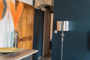 a kitchen with a blue wall and a refrigerator at Magnifique Appartement Climatisation Parking Gratuit in Saint-Jean-le-Centenier