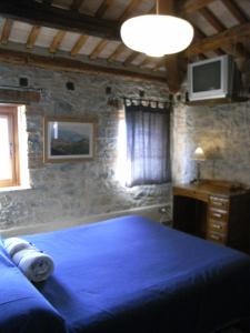 een slaapkamer met een blauw bed in een stenen muur bij B&B Casa di Campagna in Miane