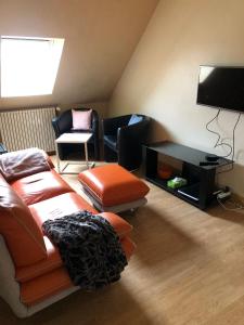 uma sala de estar com um sofá e uma televisão de ecrã plano em logement complet 2 chambres garage wifi de 1 a 5 voyageurs em Montfort-le-Gesnois
