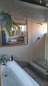 a bathroom with a tub and a shower and a mirror at Eagles Nest in Cape Town