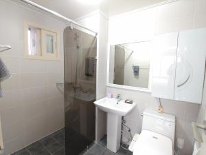 a bathroom with a toilet and a sink and a shower at Eutteum-won Pension in Jeju