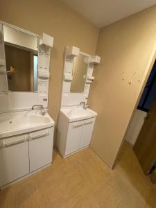 a bathroom with a sink and a mirror at TenTen Guesthouse in Asakusa in Tokyo