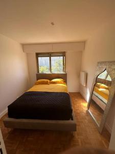 a small bedroom with a bed and a mirror at Entiry apartment, Private rooms in Paris in Paris