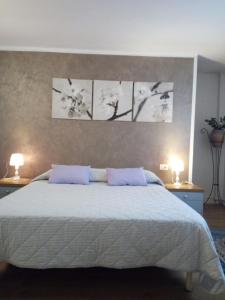 um quarto com uma cama grande e almofadas roxas em Appartamento Lavanda - Casa vacanza nel Delta del Po 
