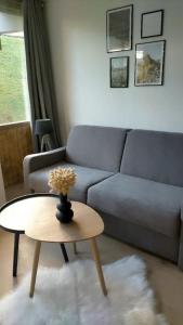 sala de estar con sofá y mesa en Crest Voland, Le Cernix studio de standing rénové, en Cohennoz