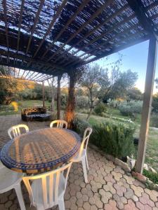 a patio with a table and chairs under a pergola at Charmant Mazet in Nîmes