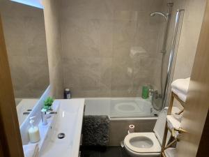 a bathroom with a sink and a tub and a toilet at Superb flat in the centre of capital, ski, Caldea in Andorra la Vella