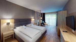 a bedroom with a large bed and a flat screen tv at Sporthotel Zum Hohen Eimberg in Willingen